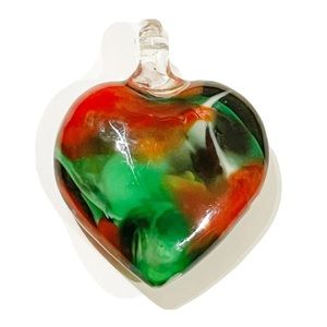 Large Art Glass Heart Necklace Pendant Red Green White Holiday Christmas Swirl